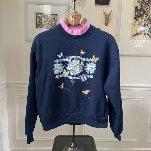 Vintage 80s Layered Look Graphic Sweatshirt Flowers Butterfly L - Picture 2 of 8